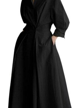UOOZEE Polo Collar Black A-Line Swing Skirt Maxi Dress with Pockets Sz L/XL NWT
